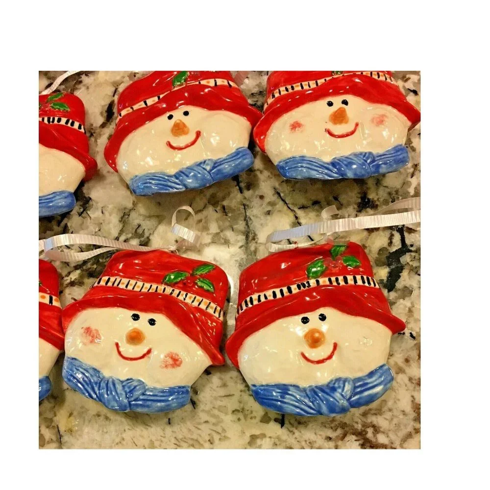 Set of 6 Hand-Painted Ceramic Christmas Ornaments Snowman Head With Hat